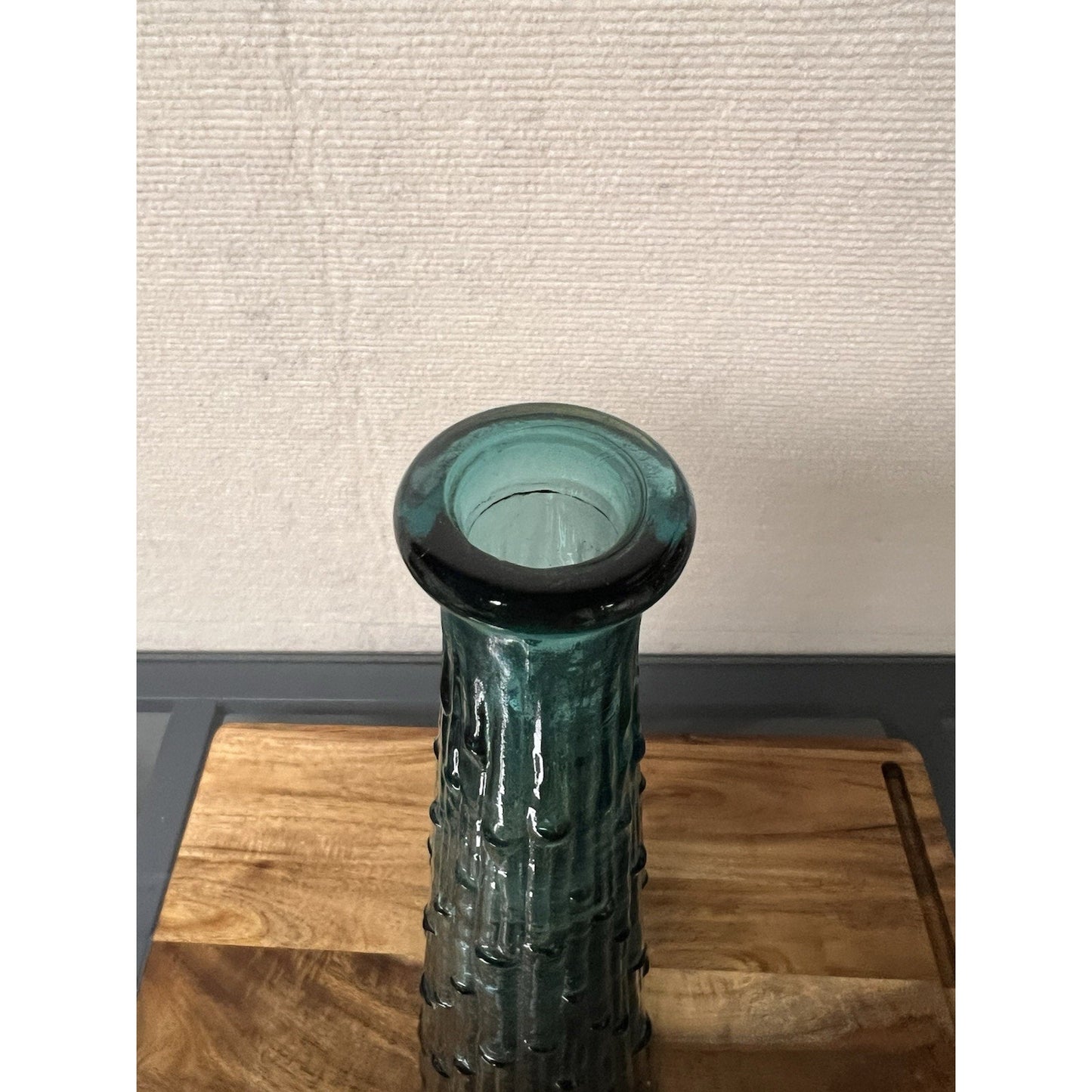 Vtg MCM Italian Empoli Glass Genie Bottle Teal Blue Bamboo Drip Decanter 15”