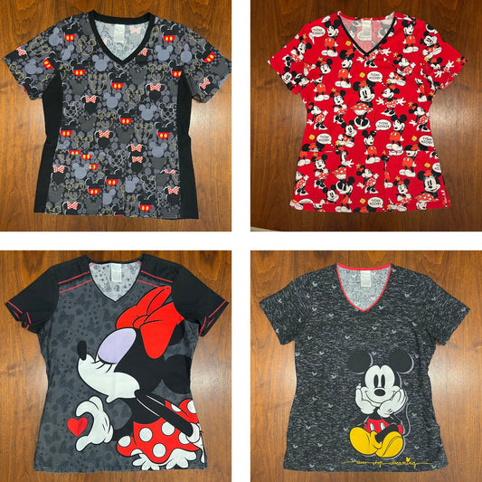 Lot Set of 4 Disney Scrub Tops Mickey Minnie Mouse Cherokee Cotton Small Womens