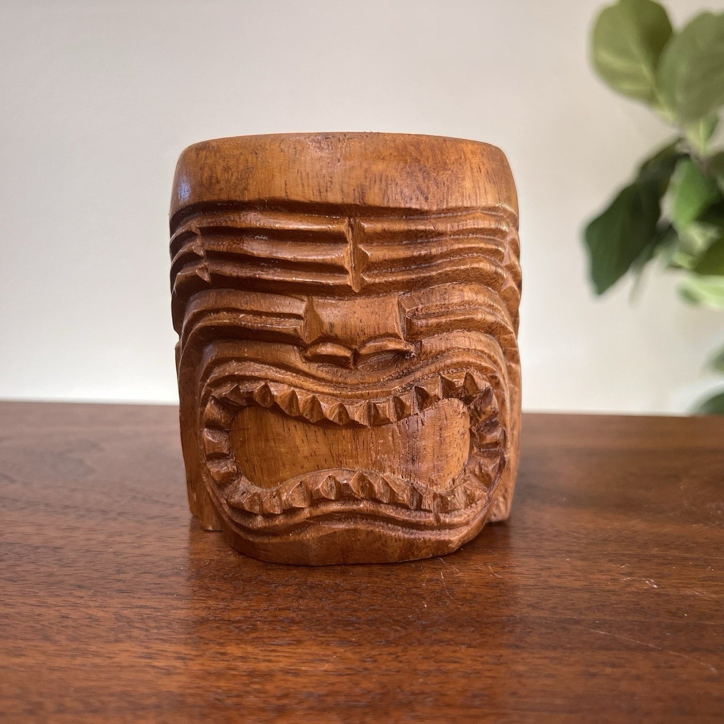 Vintage ‘60s Tiki Mug Cup Ku Face Carved Hawaiian Handle 4”