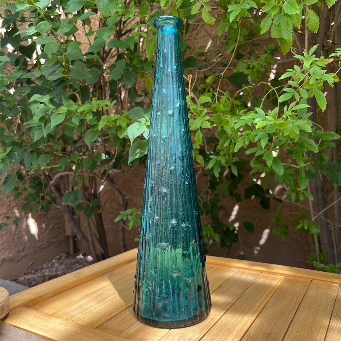 Vintage Italian Empoli Genie Bottle Decanter Bamboo Drip Wax Teal MCM