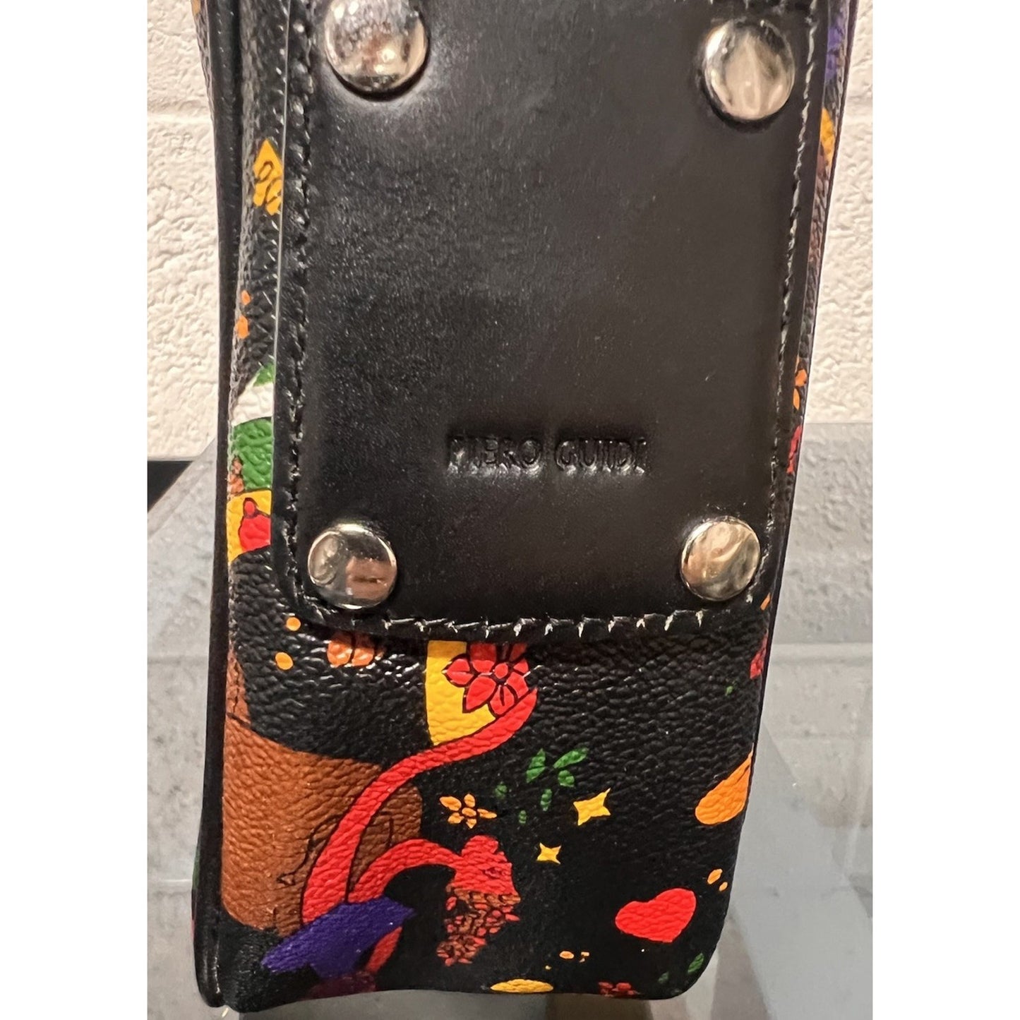 Vintage Black Piero Guidi Unique Magic Circus Pattern Crossbody Bag w/ Key Chain