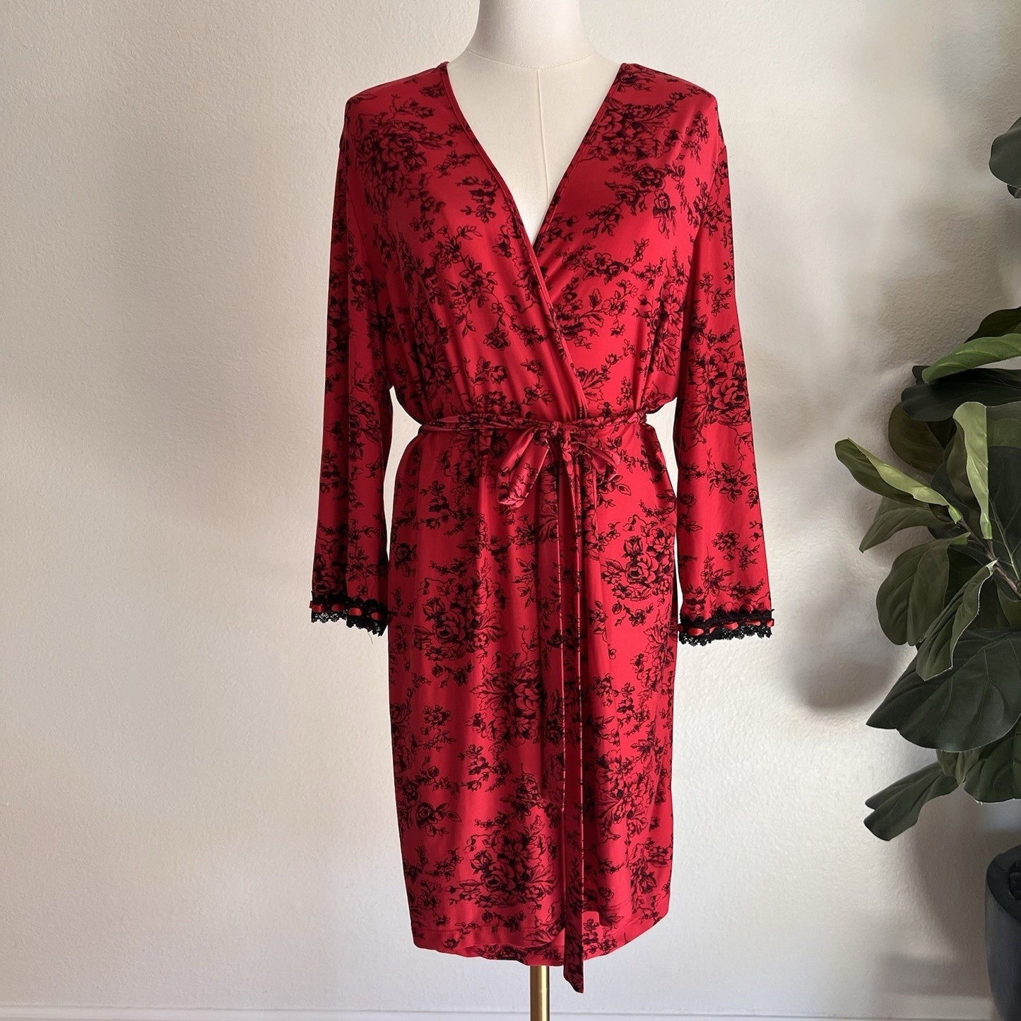 California Dynasty M/L Vintage Lace Red Floral Robe Kimono Belt Romantic Sexy