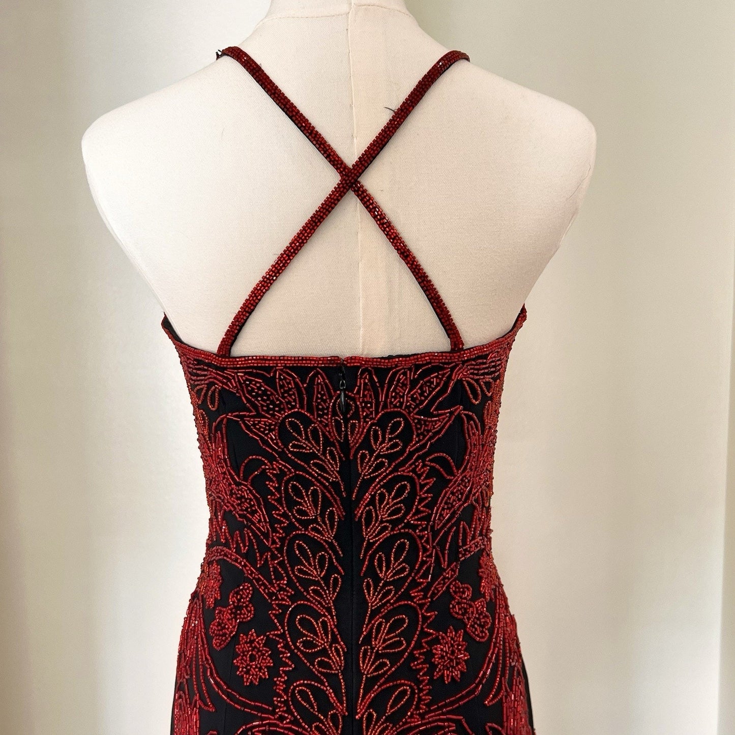 XS Cache Silk Black Red Beaded Dress Vamp Y2K Dramatic Goth Witchy Glam Luxe 90s