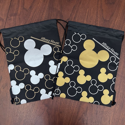 NWT Pair Disney Mickey Mouse Gold Black Silver Drawstring Cinch Bag Backpack Set