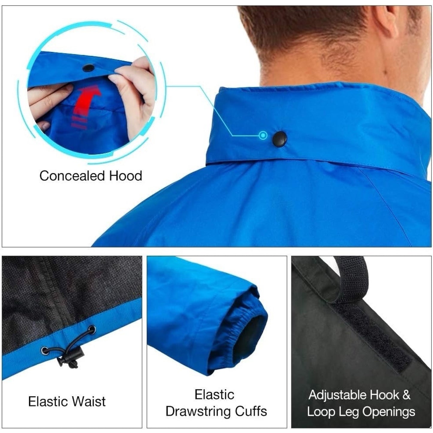 TideWe Rain Jacket Blue (M) Waterproof Anti-tear Concealed Hood Lightweight