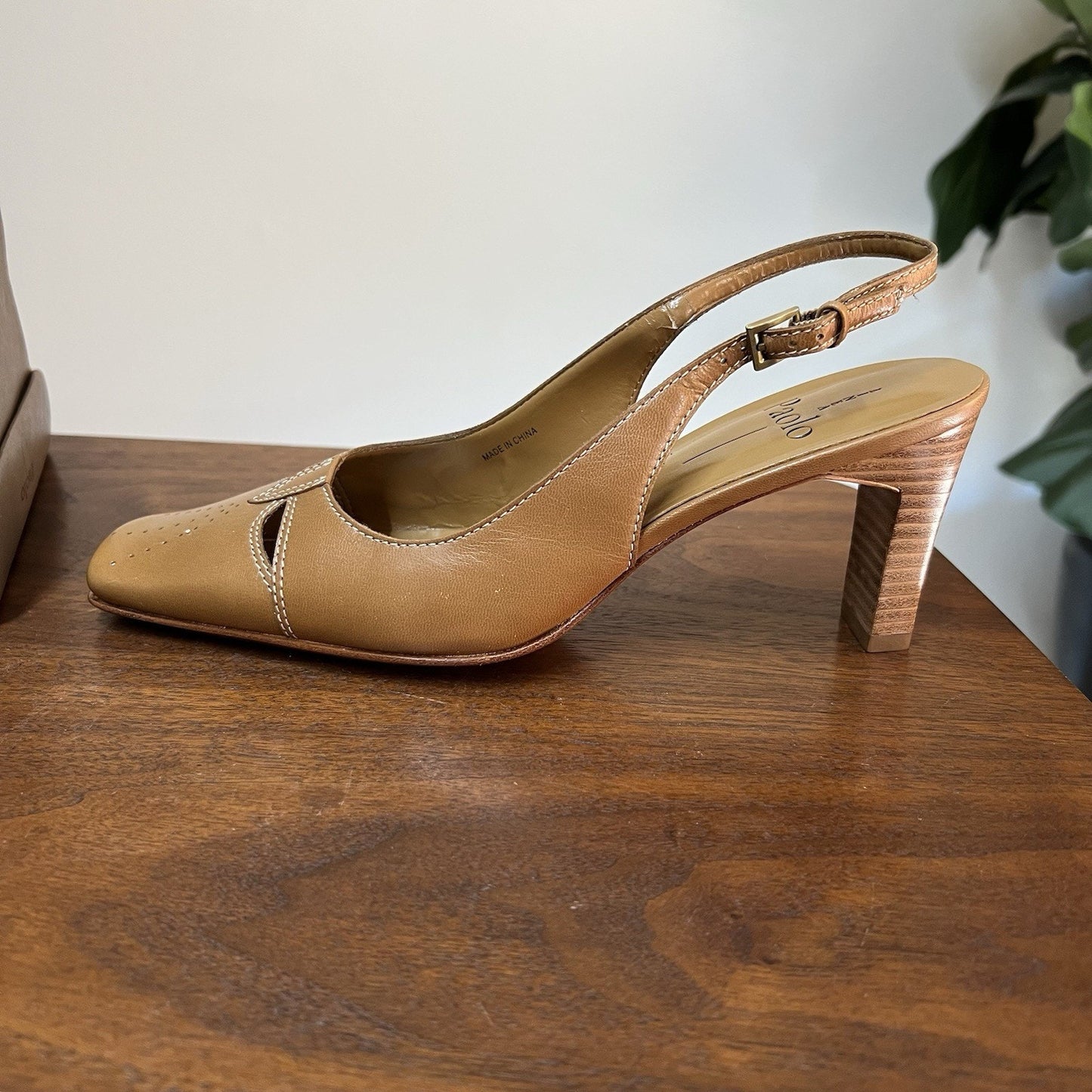 NEW Linea Paolo 7W Camel Slingback Mary Jane Square Toe Short Block Heel Retro