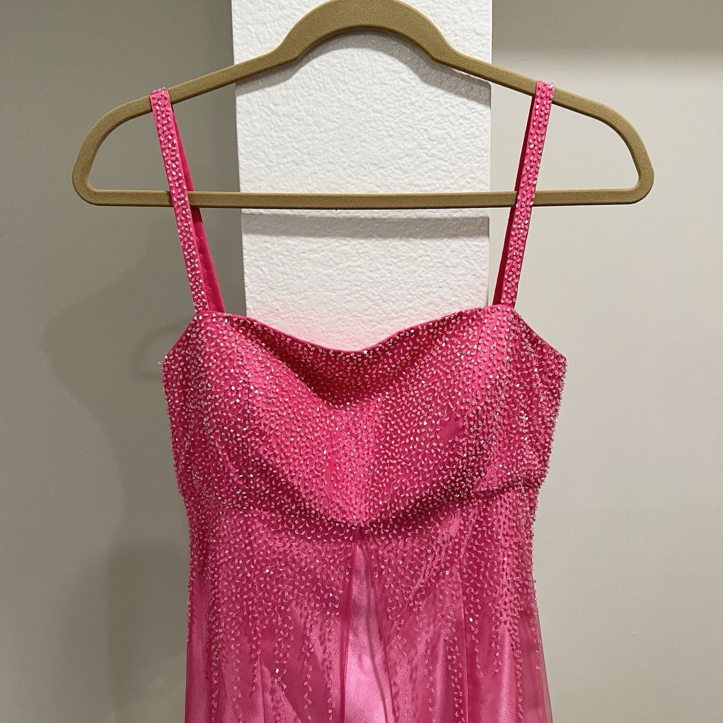 90s Y2k Caché Dress (6) Ethereal Fairy Beaded Hot Pink Barbie Sheer Prom Glam