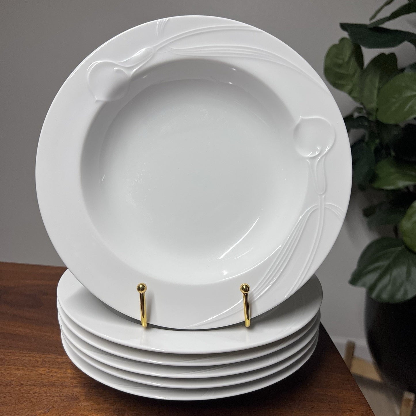 6 x Mikasa Classic Flair White Rim Soup Bowls 9” Calla Lily Helen Uglow