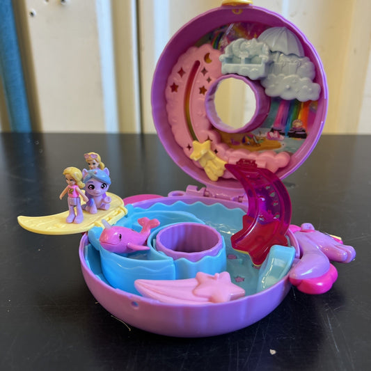 Polly Pocket Sparkle Cove Adventure Unicorn Floatie Compact Play Set w/ Figures