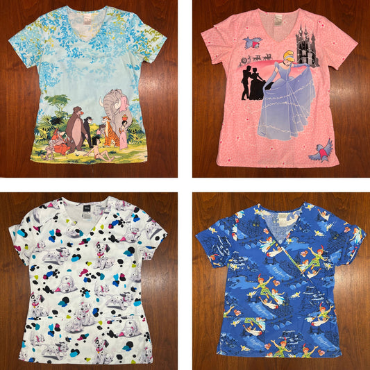 Lot of 4 Disney Scrub Tops Jungle Book, 101 Dalmations, Cinderella, Peter Pan