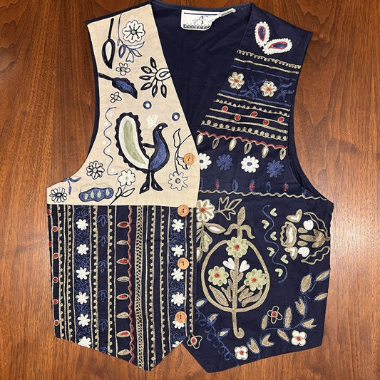 Vintage Boho Folk Art Embroidered Unisex Vest Bird Floral Festival Retro Unique