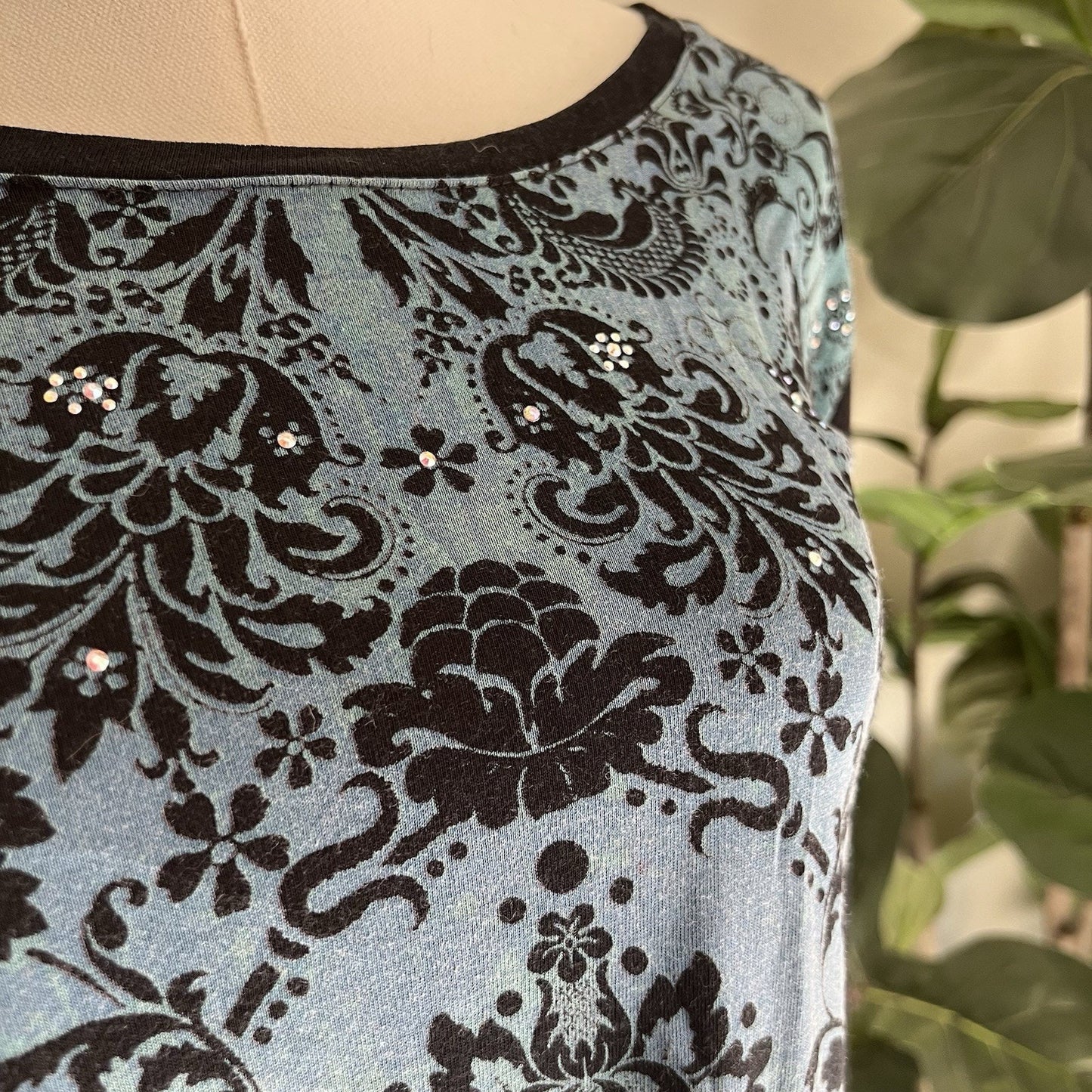 Katina Marie Tunic Top Y2K (S) Asymmetrical Rhinestone Bling Baroque Damask Edgy