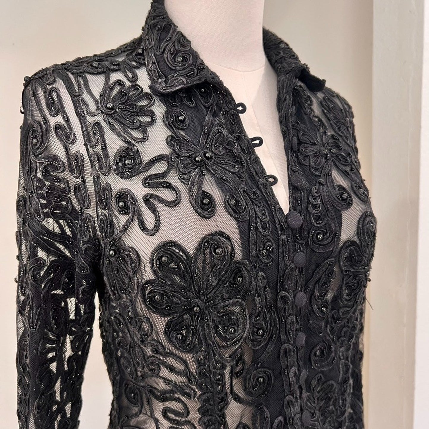 Vintage Cache (L) Statement Button Up Top Goth Drama Glam Mob Wife Couture Bead