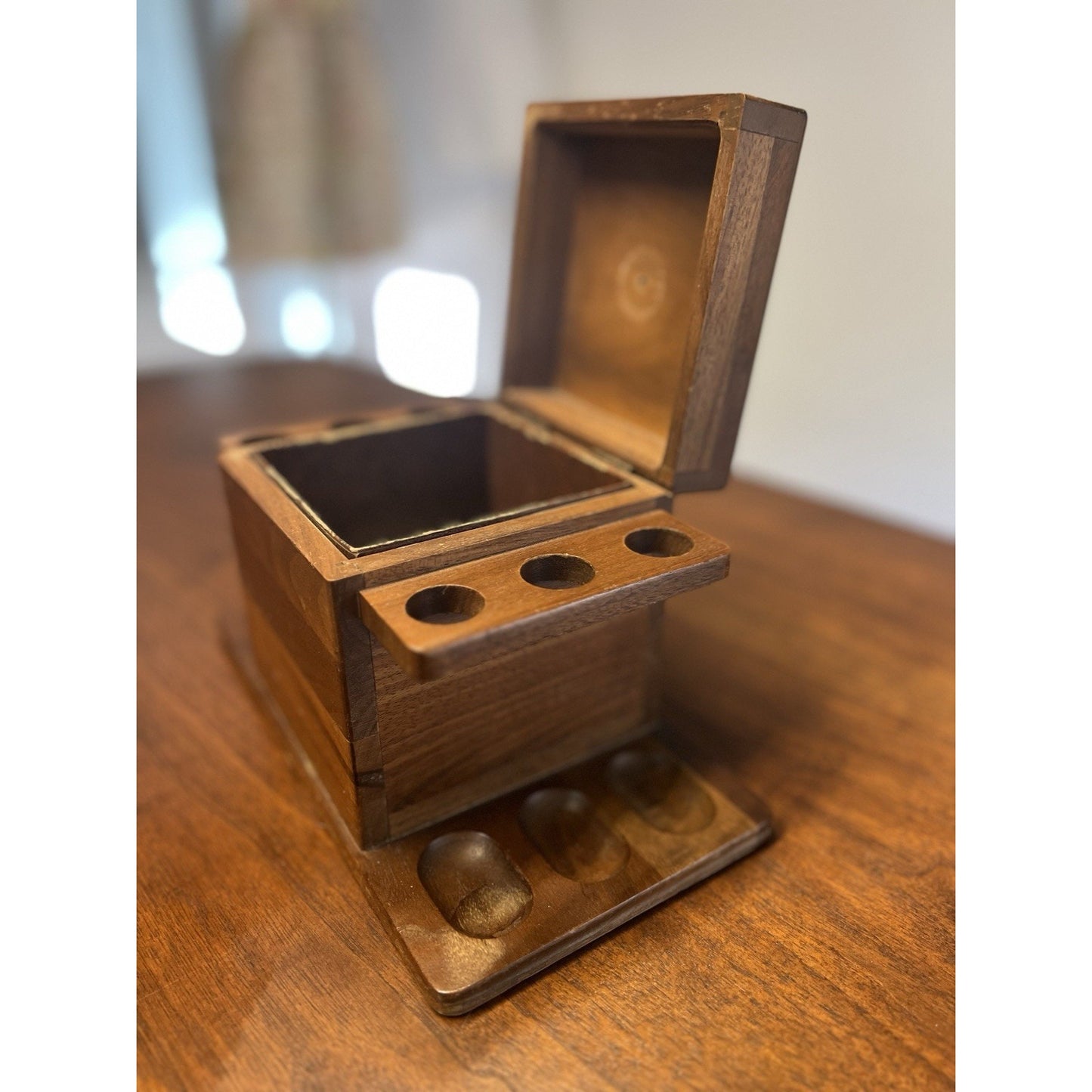 Vintage Decatur Industries Walnut Wood 6 Tobacco Pipe Stand Display Humidor