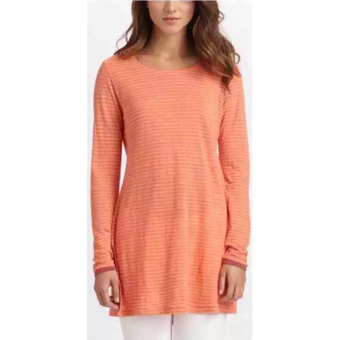 NWT Eileen Fisher (S) Linen Stripe Long Sleeve Tunic Organic Preppy Pink Orange