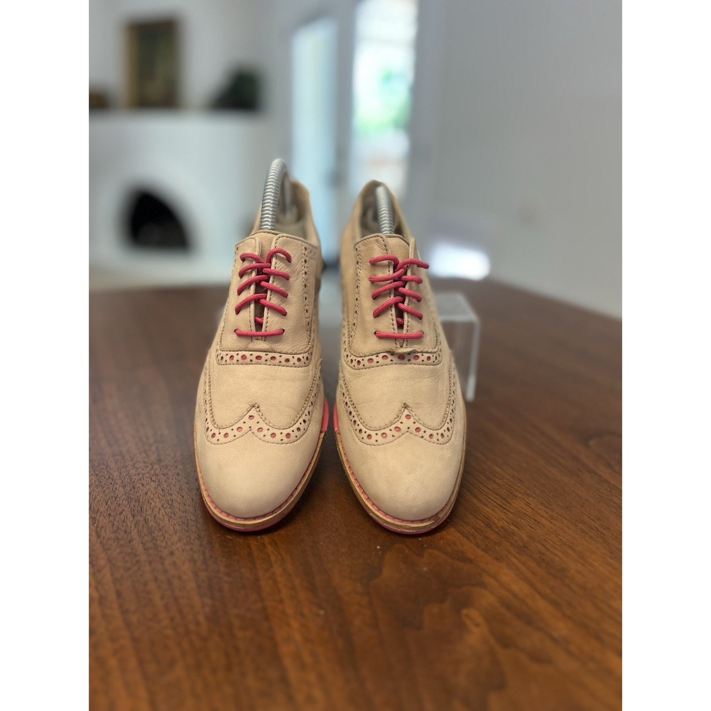 Cole Haan Women Gramercy Leather Wingtip Brogue Oxford Shoes Beige Pink Size 6.5
