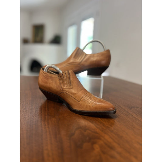 Vintage Circle S Tan Leather Western Ankle Boots Slip On Shooties Women's Sz 6.5
