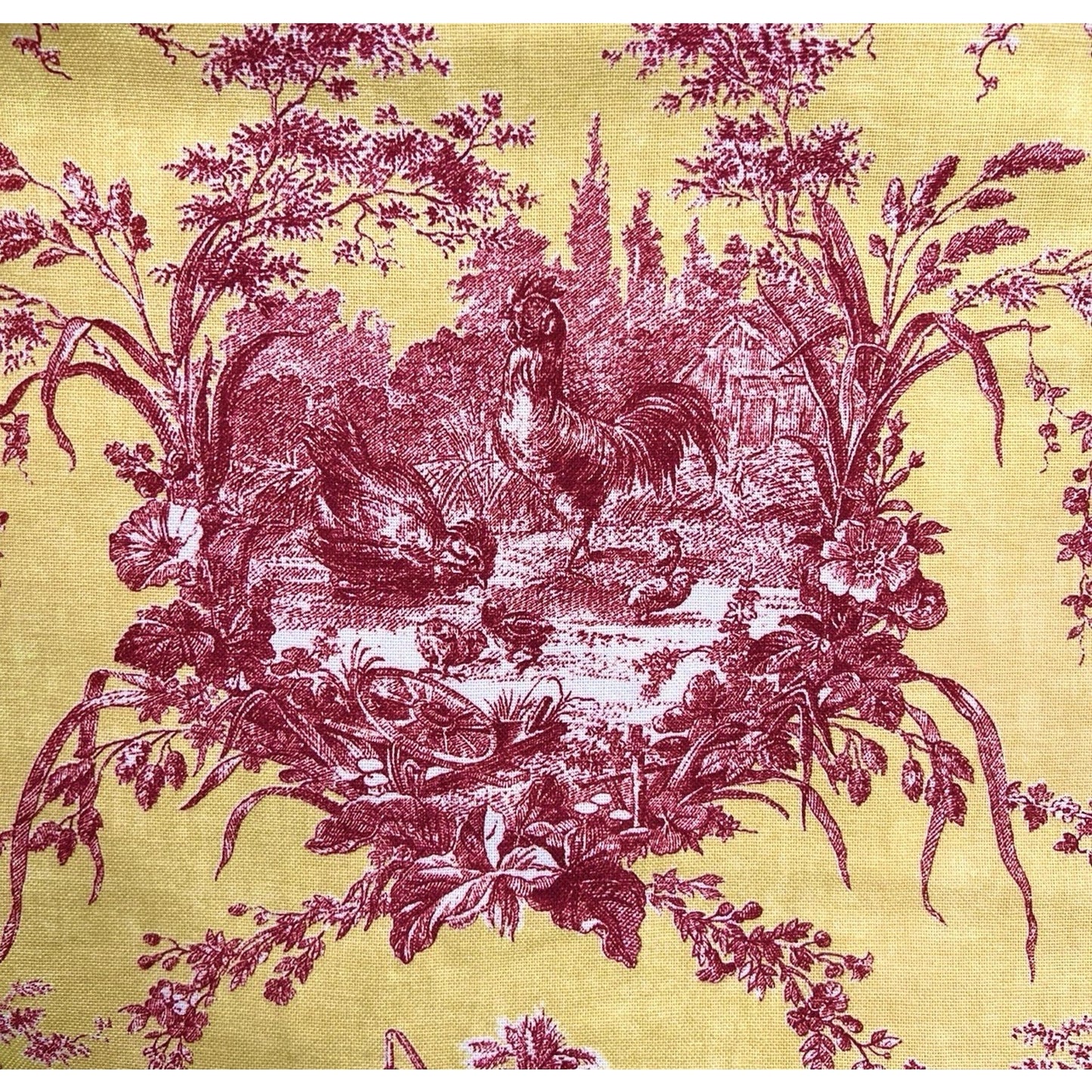 Vintage Waverly Fabric La Petite Ferme 5ish Yards x 53” Yellow Red Rooster Toile