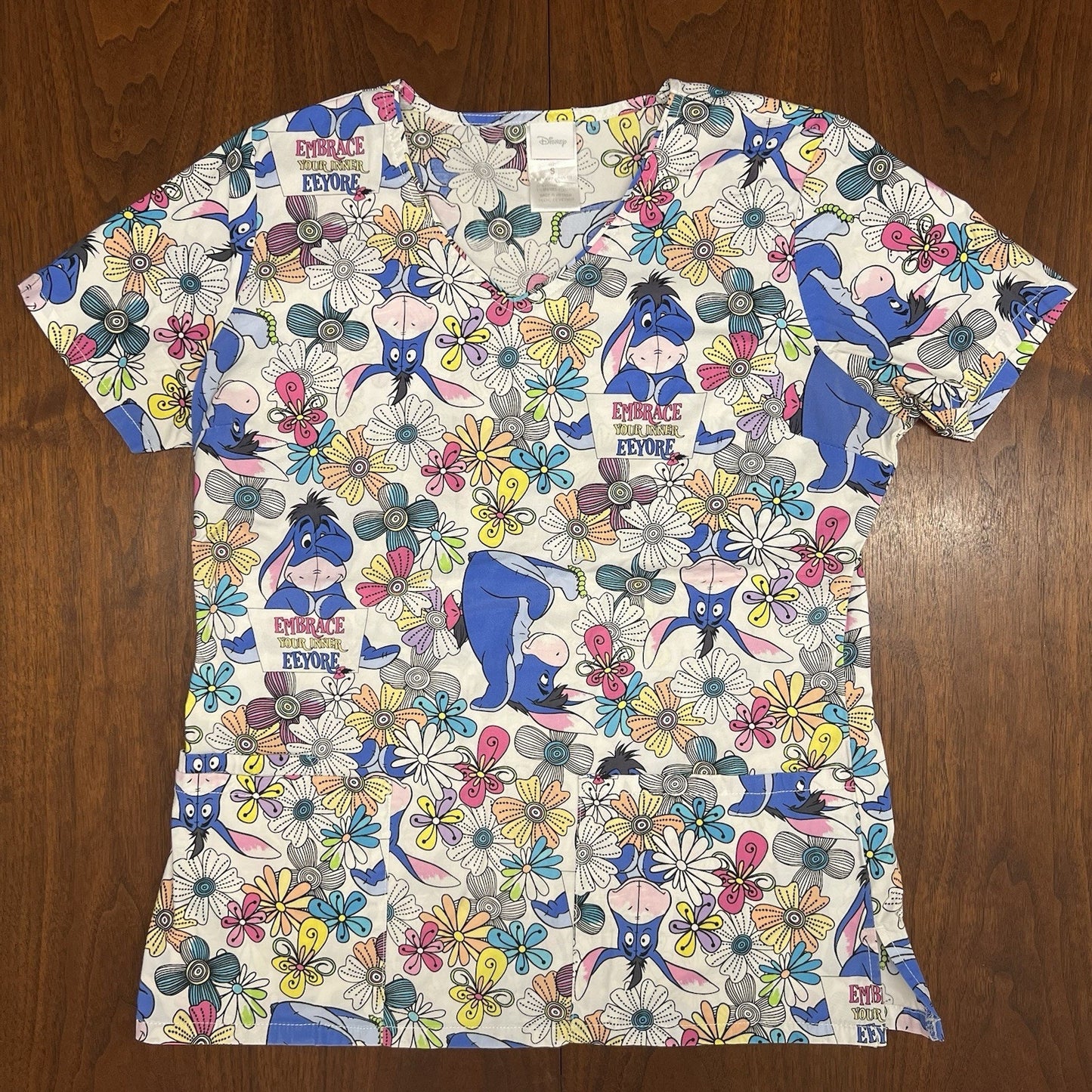 Lot Set of 4 Disney Scrub Tops Winnie the Pooh Eeyore (S) Cotton Pockets AOP