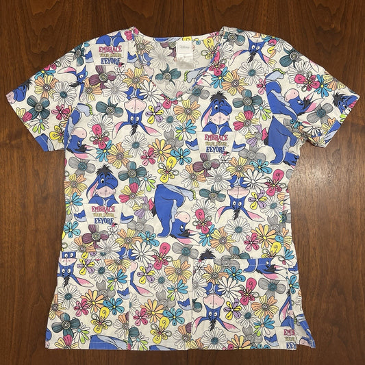 Lot Set of 4 Disney Scrub Tops Winnie the Pooh Eeyore (S) Cotton Pockets AOP