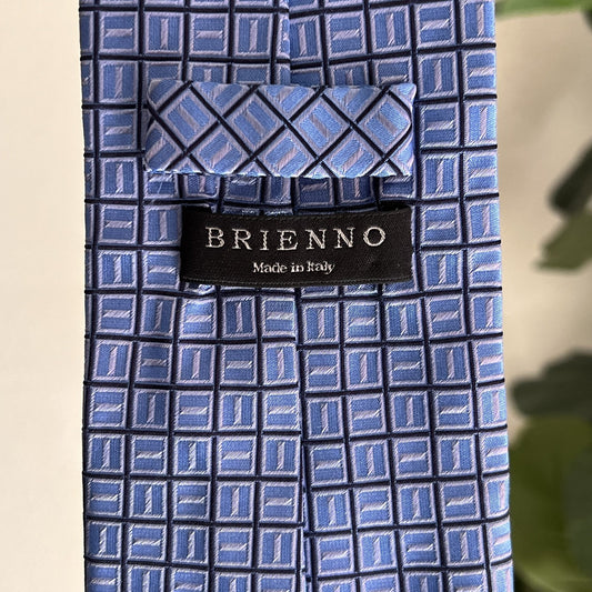 BRIENNO 100% Silk Necktie Made In Italy Blue Geometric Tie Foulard Square