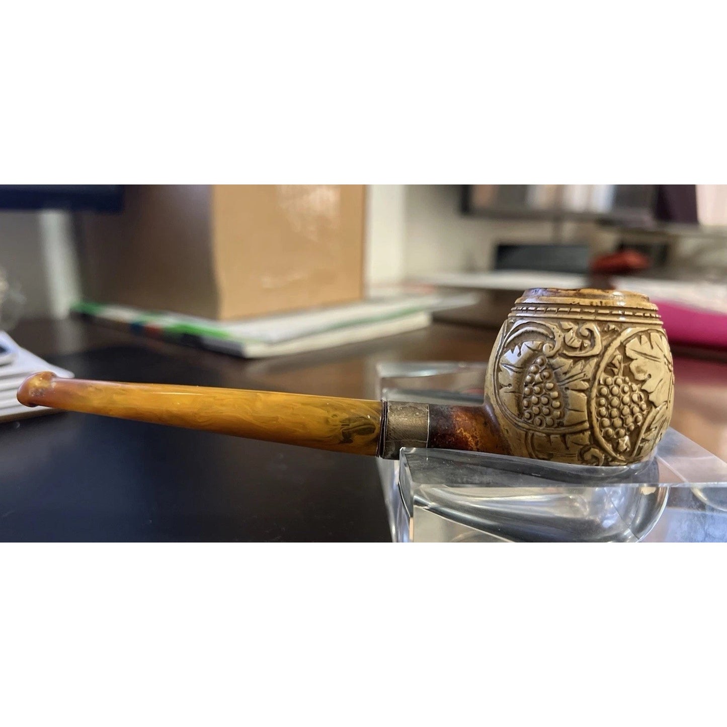 Vintage Hand Carved Meerschaum Estate Smoking Pipe w/ Sterling Silver Band