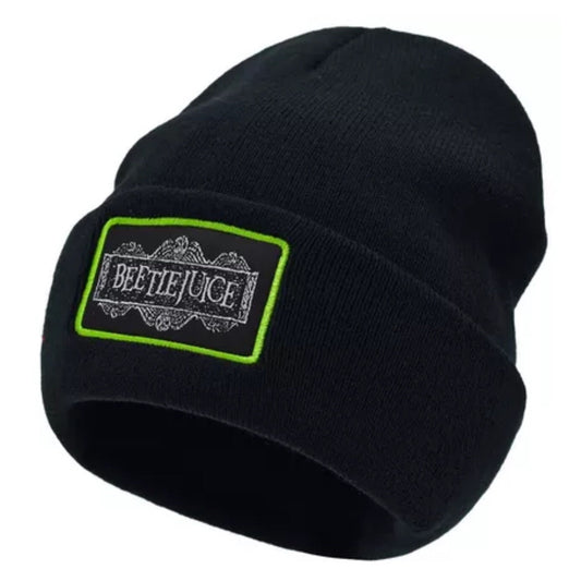 NWT Rare Beetlejuice Logo Patch Knit Cuff Beanie Black Unisex Winter Official