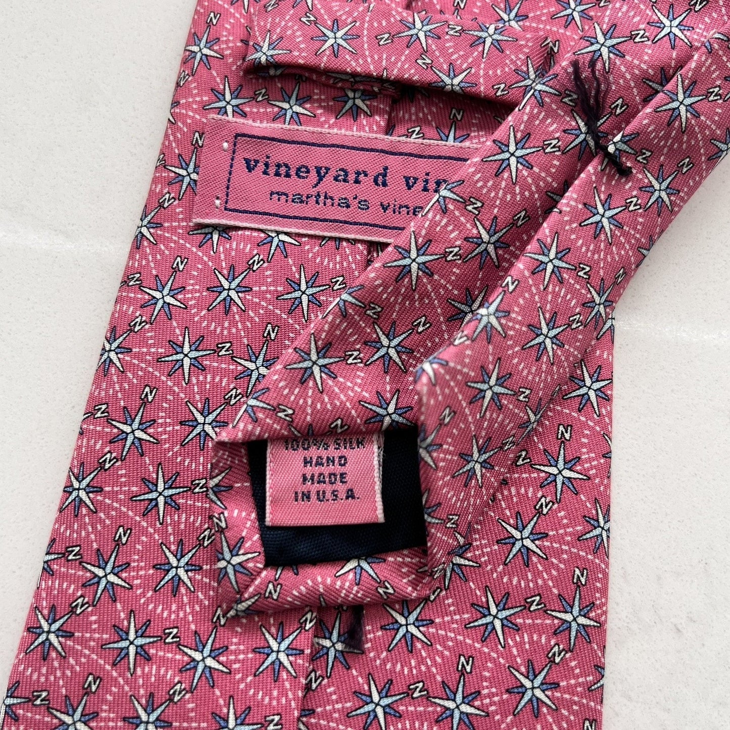 Vineyard Vines Handmade 100% Silk Pink Tie Cardinal Compass Nautical Preppy