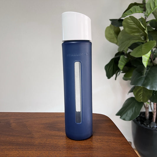 Starbucks 2010 Glass Blue Silicone Sleeve Bottle Tumbler Flip Top Cold Water