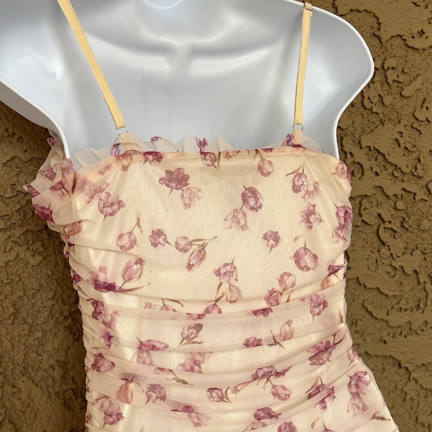 Y2K 90s SBetro Lace Up Sheer Ruched Floral Mesh Dress Mini Bodycon Sz M Girly