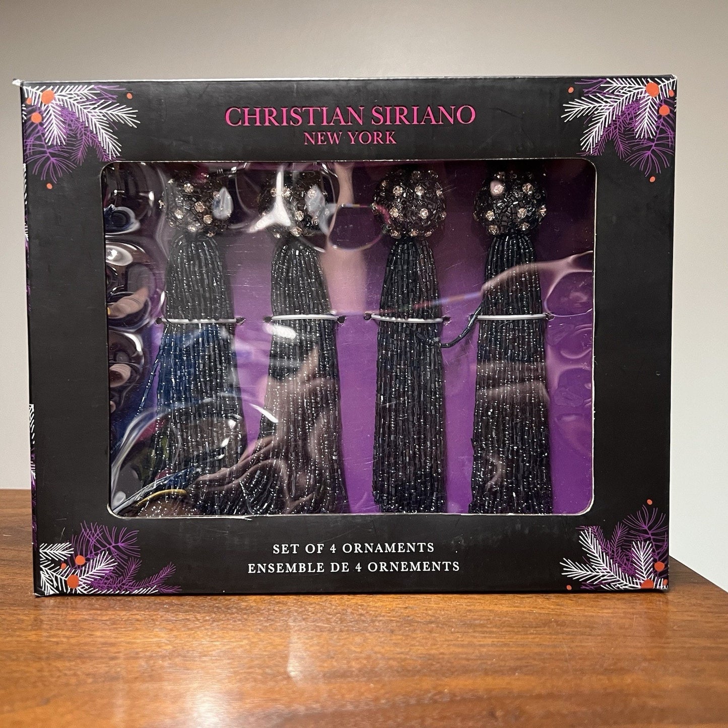 Christian Siriano Christmas Ornaments Beaded Tassel Designer Black Glass