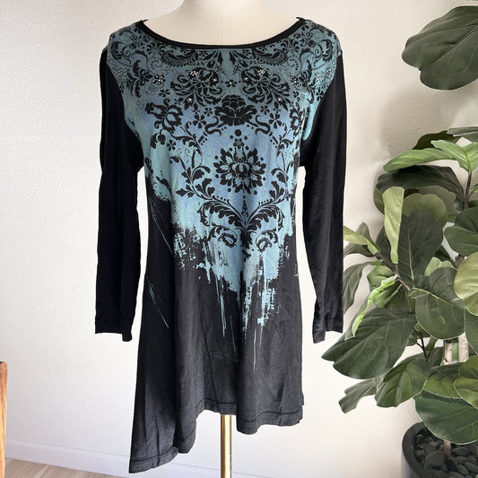 Katina Marie Tunic Top Y2K (S) Asymmetrical Rhinestone Bling Baroque Damask Edgy