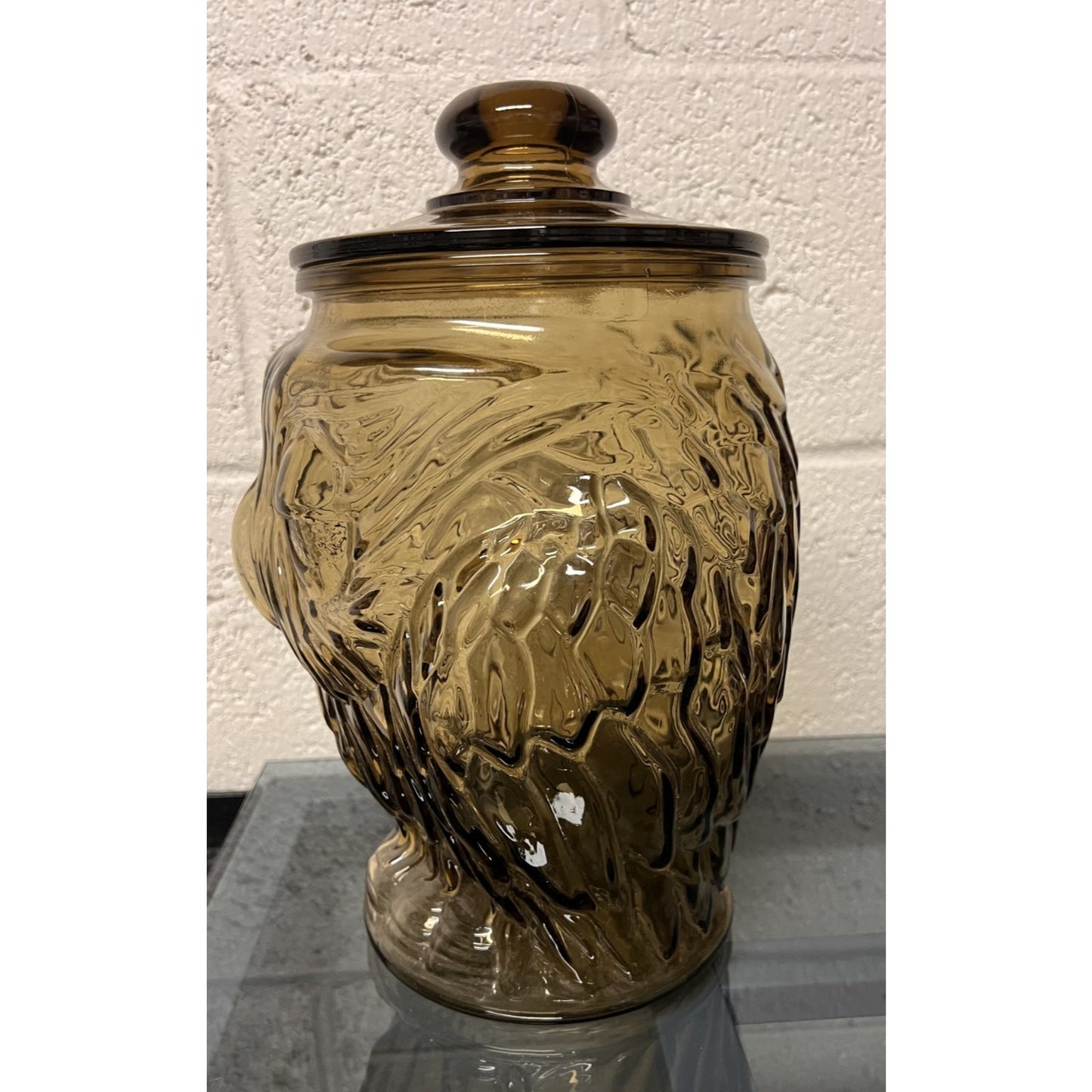 Vintage Amber Glass Owl Cookie Jar with Lid 13" Tall Wise Owl Canister