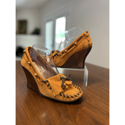 SAM EDELMAN ANGELINA WEDGE HEELS MOCCASIN SHOES TASSEL BEADED BOW WOMENS 9.5