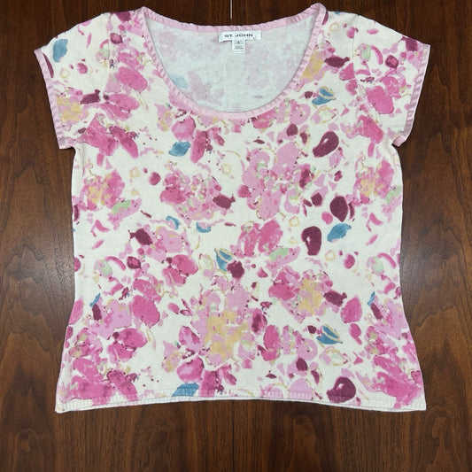 St John Top (S) Satin Trim Watercolor Floral Short Sleeve