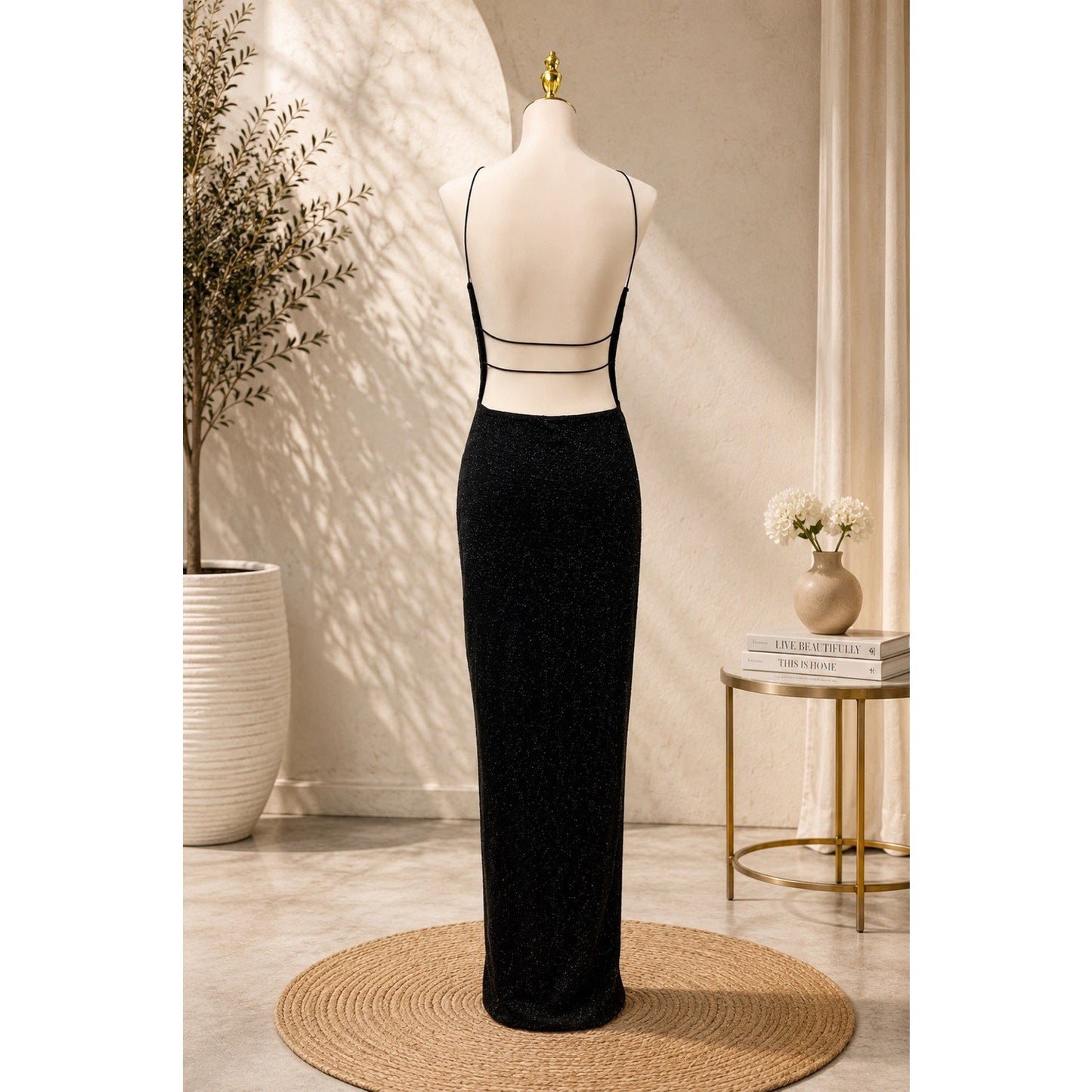 Windsor Black Glitter Maxi Dress (L) Square Neck Lace Up Formal Gown Vamp Prom