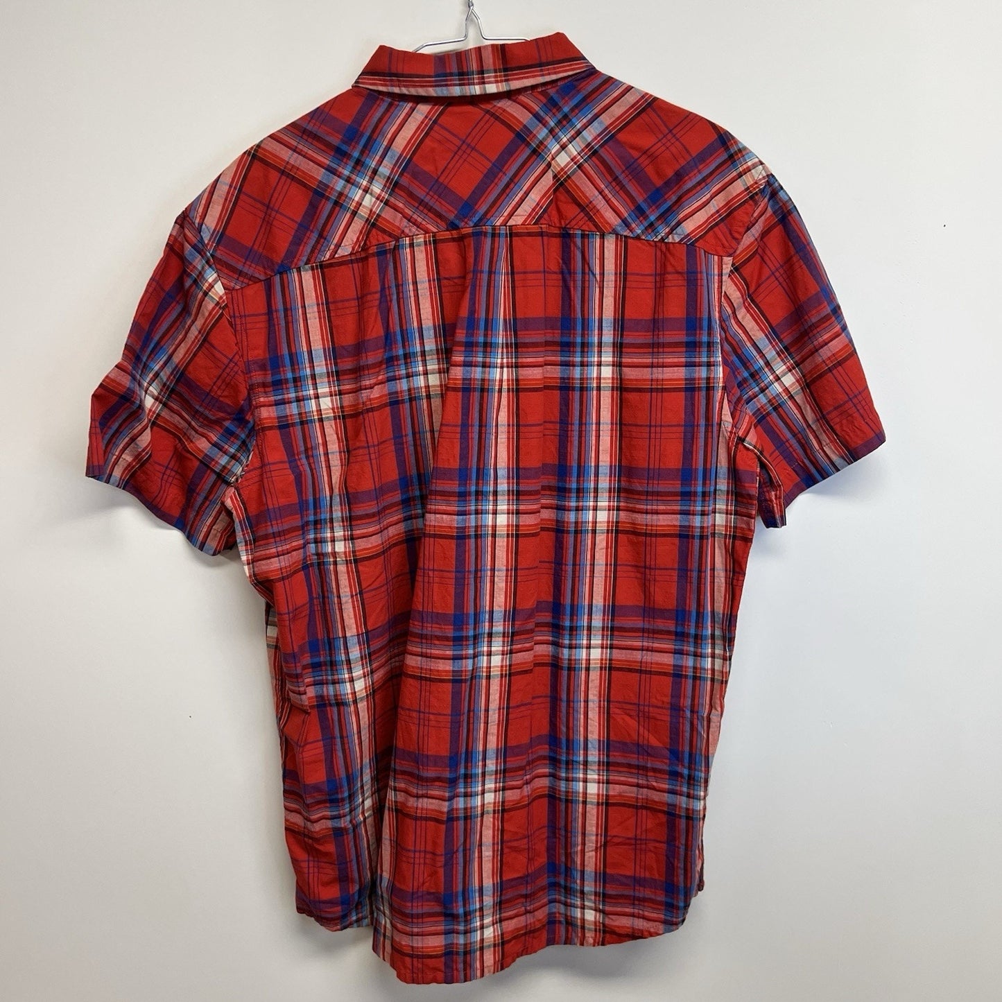 prAna Mens Benton Large Short Sleeve Button Down Shirt Red & Blue Plaid Casual