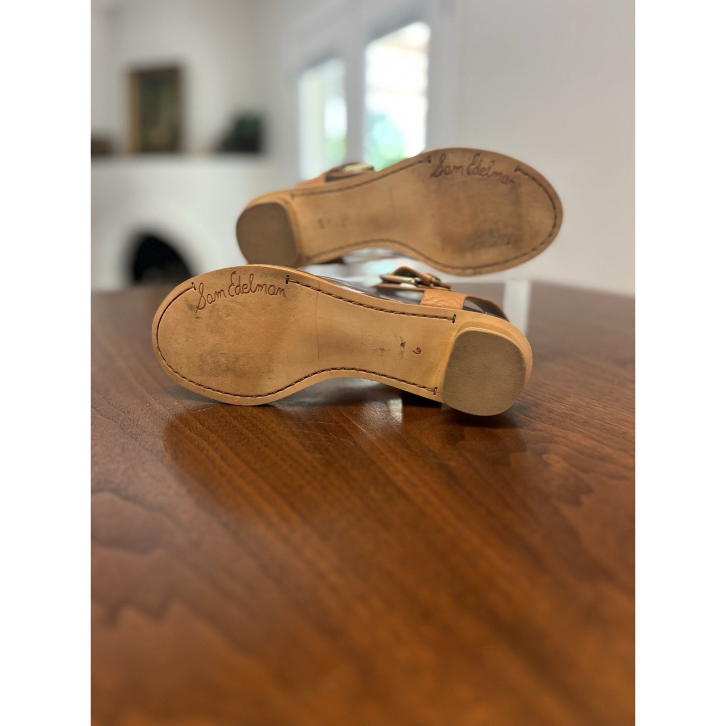 Sam Edelman Tallulah Thong Sandals Women’s 6 Brown Tan Leather Block Heel Buckle