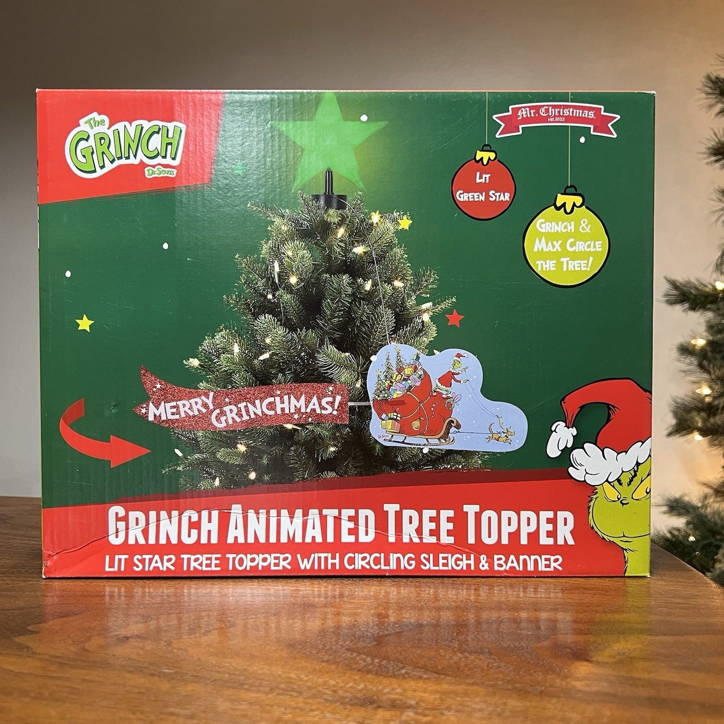 Grinch Mr. Christmas Tree Topper 22” Animated Light Up Flying Sleigh Dr Seuss