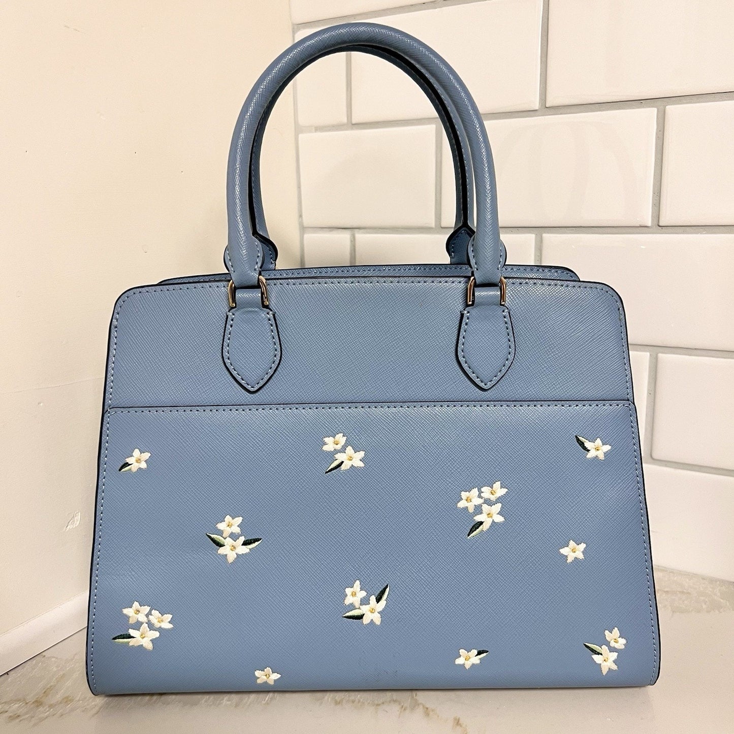 Kate Spade Madison Medium Crossbody Satchel Embroidered Floral Blue Leather
