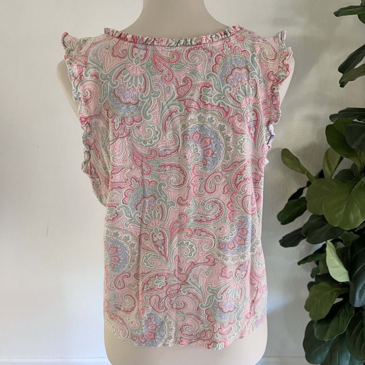 Women LAUREN Ralph Lauren (M) Sleeveless Paisley Shirt Ruffle Trim Boxer Pajama
