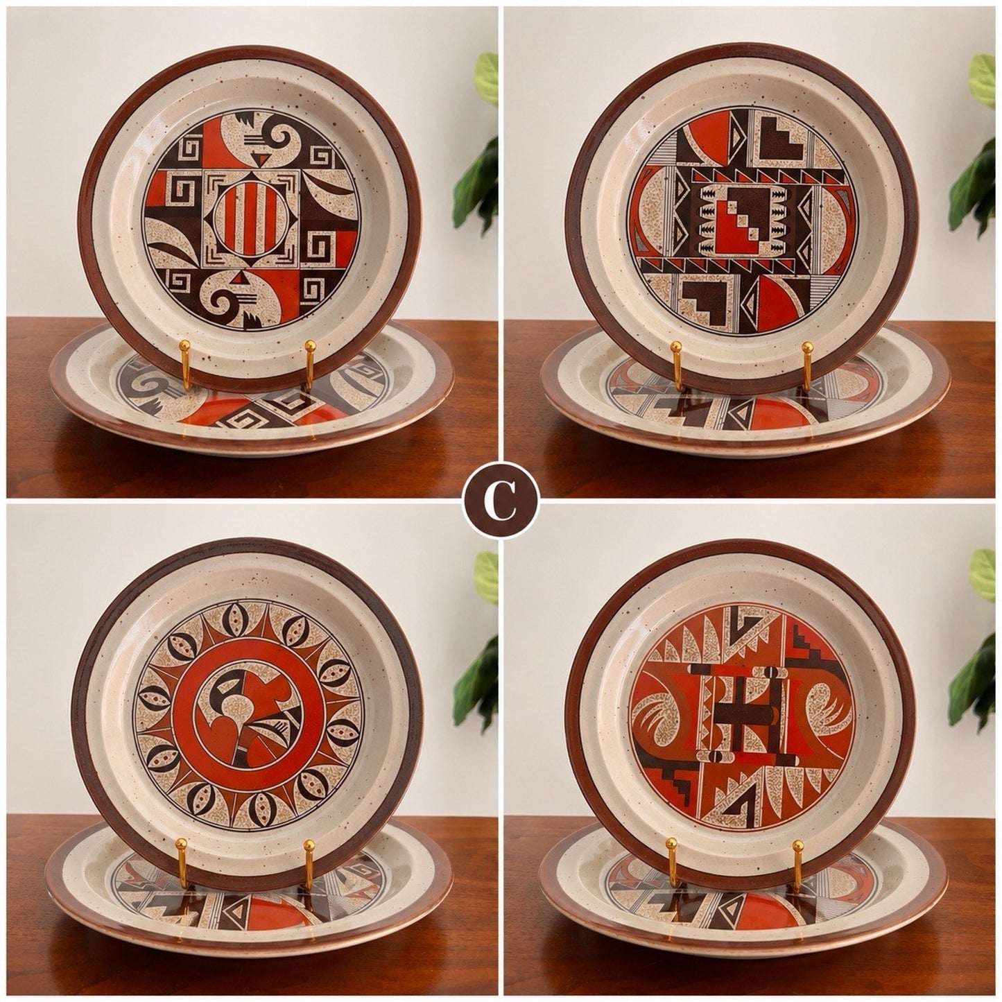Takahashi Stoneware 4 Dinner 4 Salad Plates Tribal Native American Southwestern