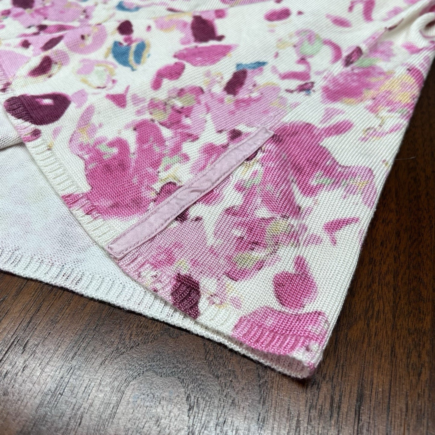 St John Top (S) Satin Trim Watercolor Floral Short Sleeve