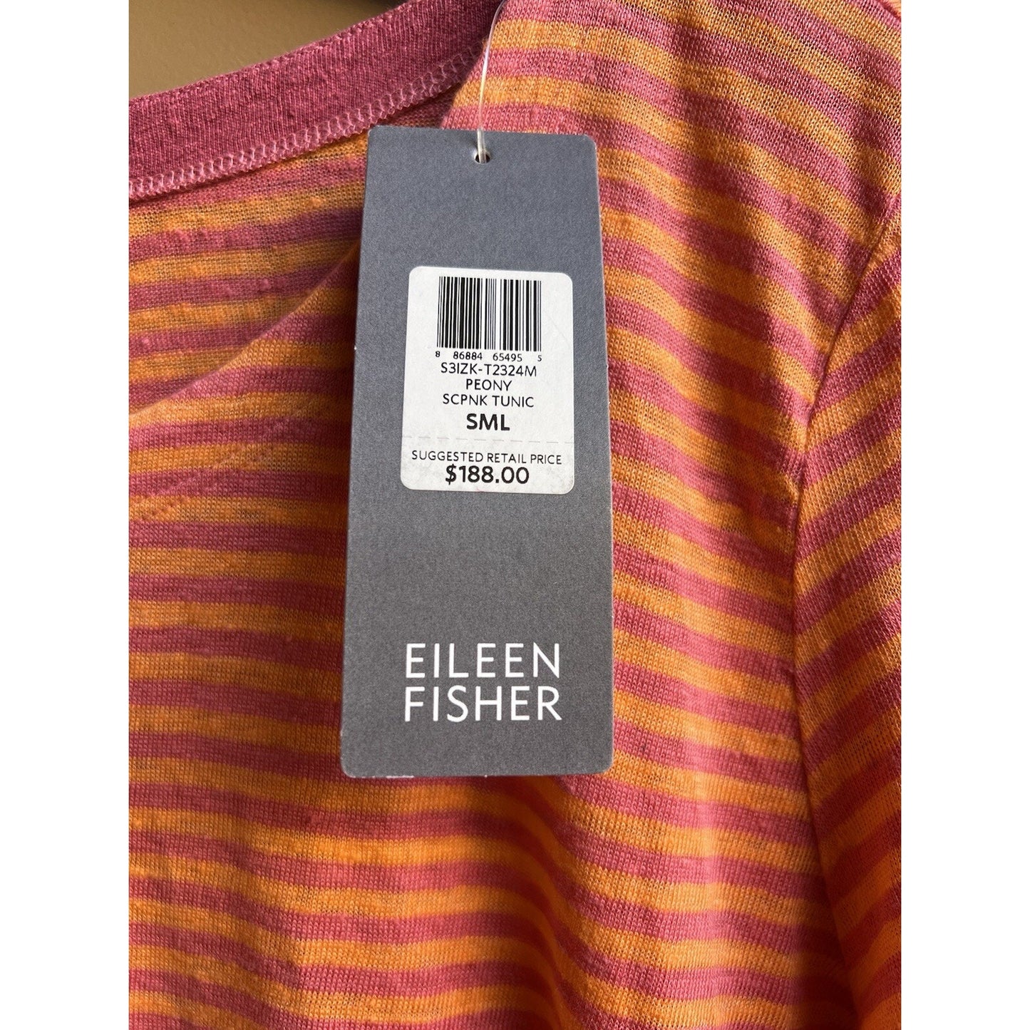 NWT Eileen Fisher (S) Linen Stripe Long Sleeve Tunic Organic Preppy Pink Orange