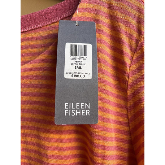 NWT Eileen Fisher (S) Linen Stripe Long Sleeve Tunic Organic Preppy Pink Orange