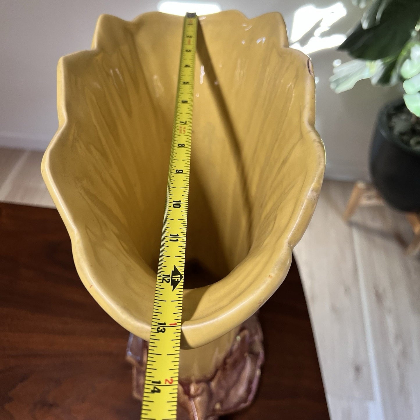Vintage McCoy Pottery Tall Fan Vase 14.5” 1954 Yellow Art Deco MCM *read