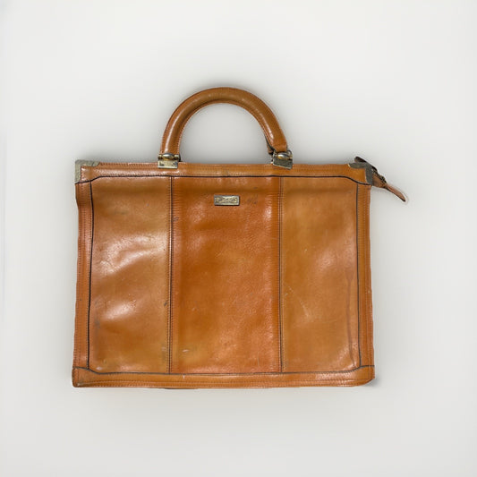 Vtg Slim Leather Soft Sided Attache Briefcase Two Handles 3 Compartments Zippers