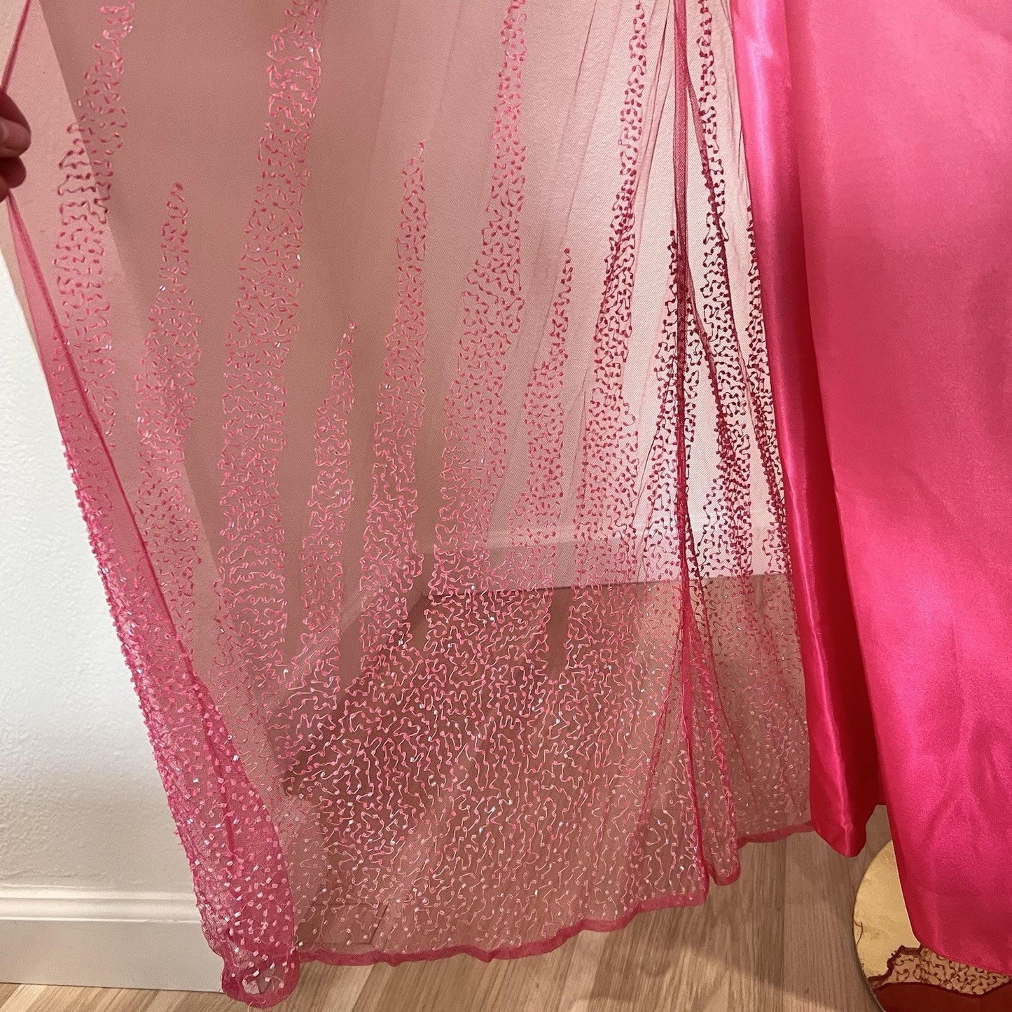 90s Y2k Caché Dress (6) Ethereal Fairy Beaded Hot Pink Barbie Sheer Prom Glam