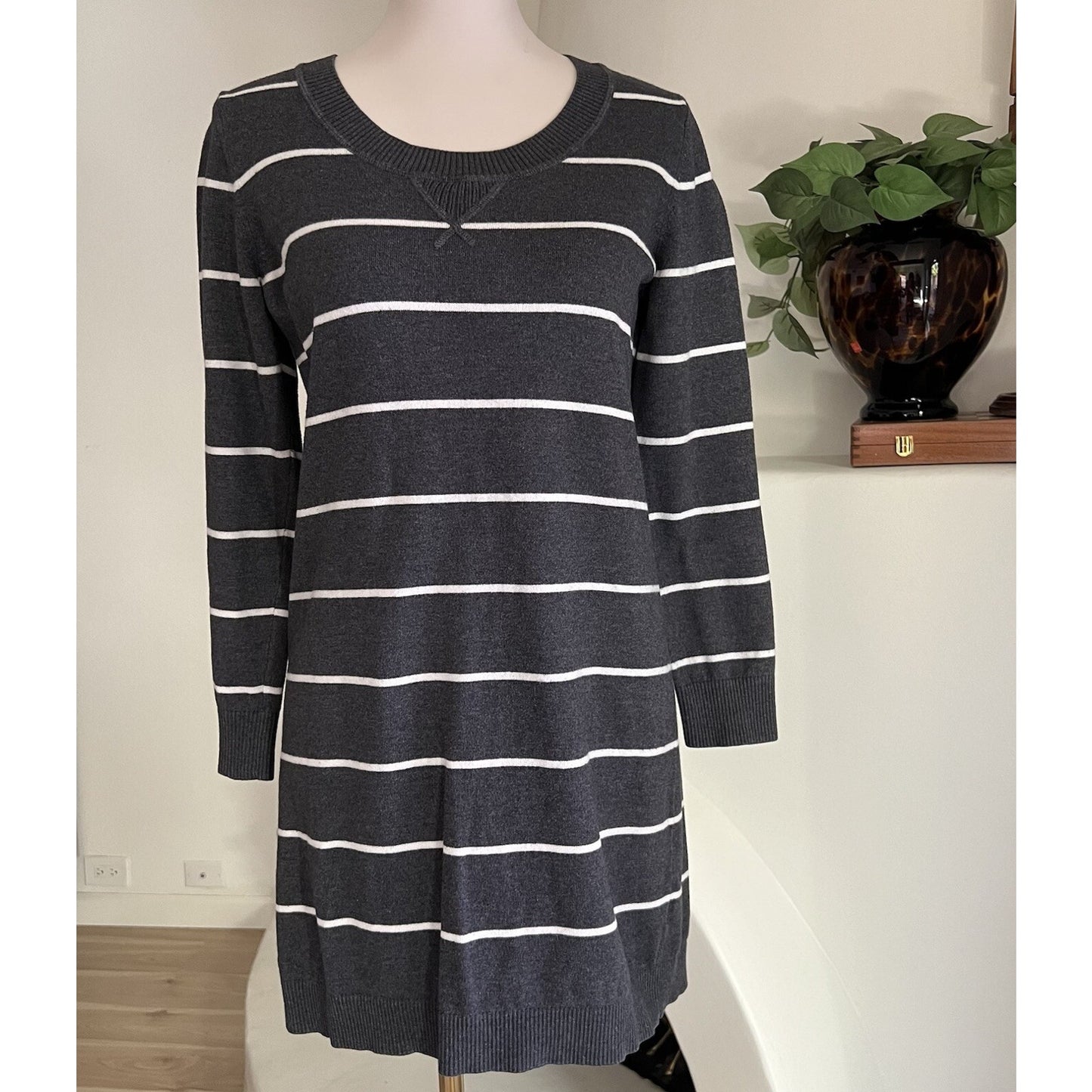 Banana Republic L Striped Midi Sweater Dress Cotton/Angora Elbow Patch Preppy