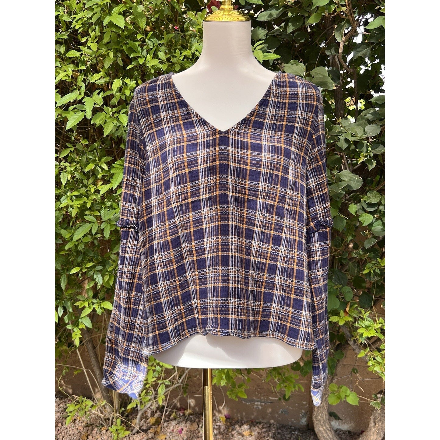 Madewell XXL Plaid V Neck Long Sleeve 100% Cotton Ruffle Blue Brown Top Shirt
